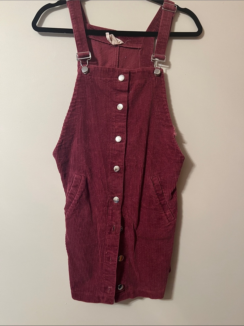 Corduroy Button-Front Burgundy Mini Pinafore Dress